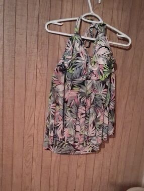 Tropical Print Halter Swimd Top - Pink, Green & Gray